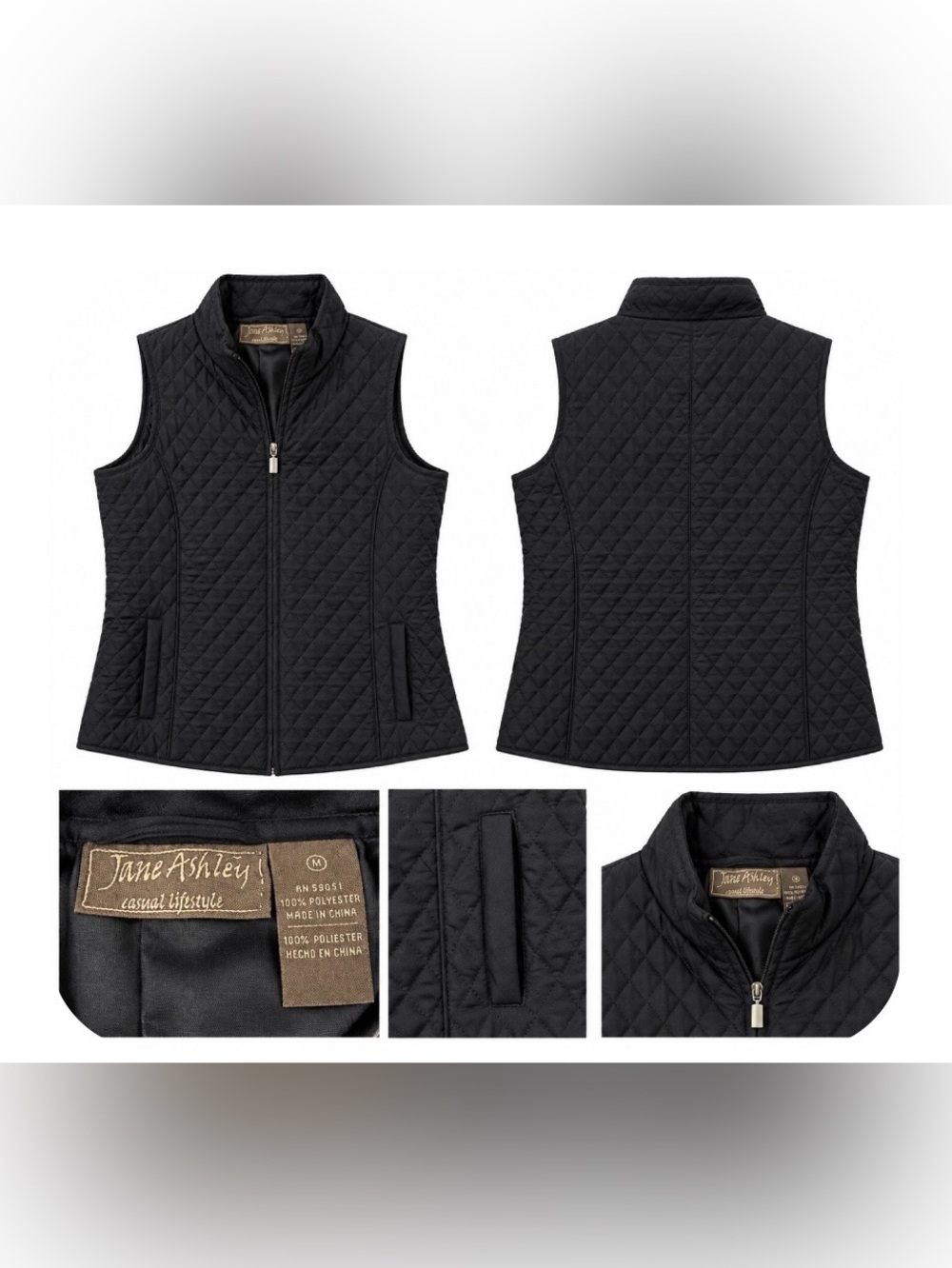 Jane Ashley Black Quilted Zip Up Vest Women’s Size M